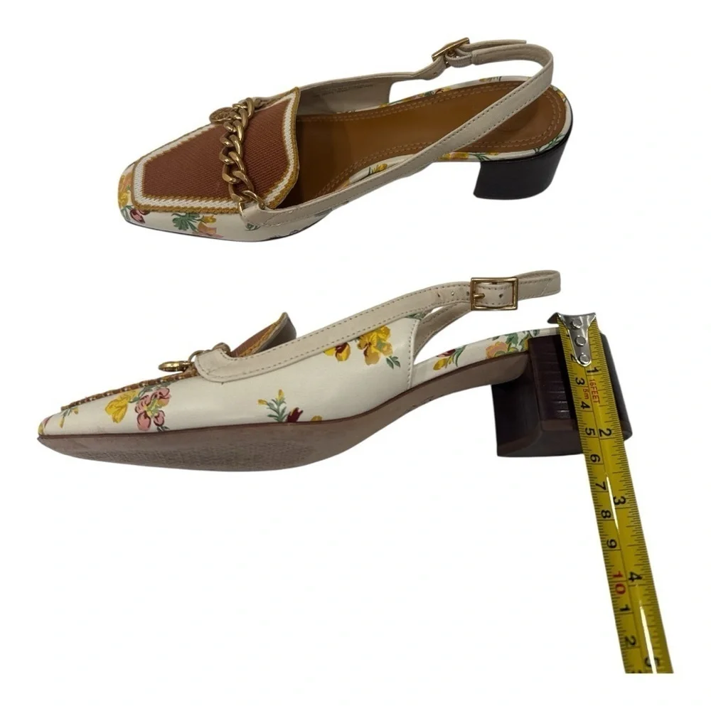 Tory Burch Mini Benton Charm Floral Chain-Embellished Slingback Heels size 6 M